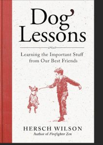 The cover of the book Dog Lessons: Learning the important stuff from our best friends by Hersch Wilson. It shows an illustration of a terrier-type dog jumping up to grab a stick held out by a young boy. The illustrations are not super detailed, more sketches in red ink of the dog and boy. 