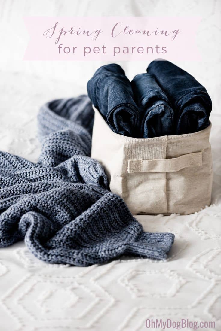 A canvas basket holds three pairs of neatly folded blue jeans. Next to the basket, a blue knit sweater lies in a heap on top of a cream-colored throw blanket. The text overlay reads: spring cleaning for pet parents.